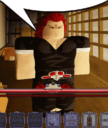 a man with red hair is talking in a video game with buttons for violent strike slash and more