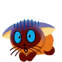 a cartoon cat with blue eyes and a yellow ear