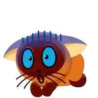 a cartoon cat with blue eyes and a yellow ear