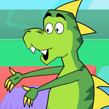 a cartoon drawing of a green and yellow dinosaur with big eyes