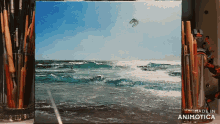 a painting of a kite flying over a body of water is made in animatica