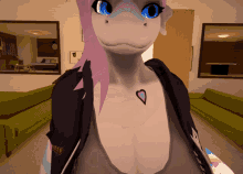 a cartoon character with a heart on her chest is standing in a living room