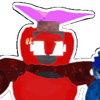 a cartoon drawing of a red apple with a purple hat and the letters e.s. on it