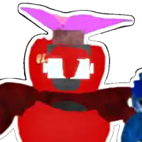 a cartoon drawing of a red apple with a purple hat and the letters e.s. on it