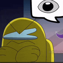 a yellow among us character is crying with a speech bubble behind him .