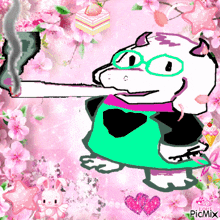 a cartoon drawing of a cow with glasses and a long nose on a pink background with flowers