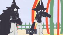 a couple of cartoon characters standing next to each other with a button that says ahem on it