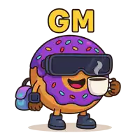 a cartoon illustration of a donut wearing a virtual reality headset holding a cup of coffee