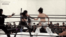 two women are wrestling in a ring with stardom written on the top