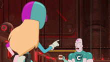 a cartoon character with a c on his chest