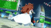 a woman in a white dress is standing in front of a building with a sign that says palactic arena