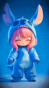 a little girl with pink hair is wearing a blue stitch costume