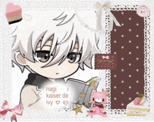 a picture of a boy reading a book with the words nagi kaiser de ivy