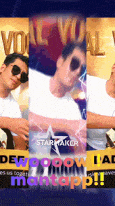 a man wearing sunglasses stands in front of a starmaker poster