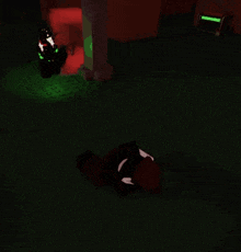 a cartoon character is standing in front of a fence in a dark room