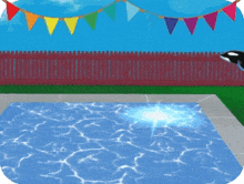 a cartoon of a whale jumping into a pool with a red fence in the background