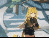 a girl with long blonde hair and a lion 's head stands in front of a building