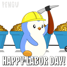 a penguin wearing a hard hat is holding a hammer in front of a cart full of corn
