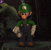 a cartoon character wearing a green hat with a l on it