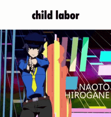 a cartoon of a man holding a gun with the words child labor on the bottom