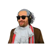 a man wearing a wig and sunglasses has headphones on