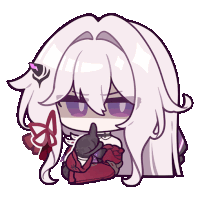 a cartoon drawing of a woman with long white hair and purple eyes