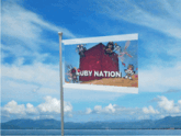 a ruby nation flag flies in the wind