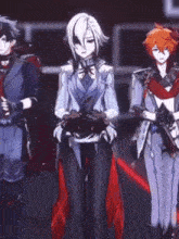 a group of anime characters are standing next to each other in a dark room .
