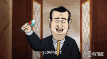a cartoon of a man in a suit and tie holding a toothbrush and saying " loving it "