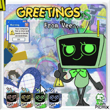 a cartoon character says greetings from veeno on the bottom