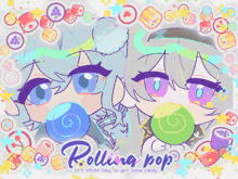 a drawing of a girl blowing a bubble with the words " rolling pop " on the bottom