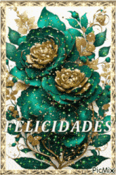 a picture of green and gold flowers with the words felicidades in the corner