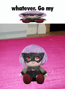 a stuffed doll with purple hair and a mask sits on a pink rug with the words " whatever go my " above it