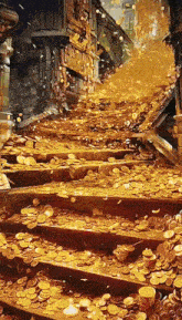 a bunch of gold coins are falling from the sky