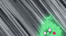a cartoon drawing of a green monster with a surprised look on his face