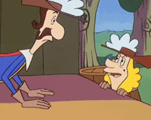 two cartoon characters are standing next to each other with one wearing a hat