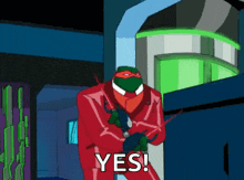 a cartoon character with a red suit and green mask says yes