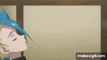 a boy with blue hair and yellow eyes is looking up at something .