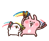 a pink rabbit and a white rabbit are holding rainbow colored markers