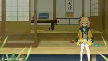 a cartoon of a girl sitting in a room with chinese writing on the wall behind her