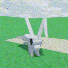 a white rabbit with long ears is standing on a green field .