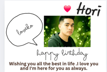a happy birthday card with a picture of a man and the name hori