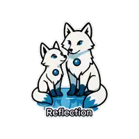 a sticker of two white foxes with the word reflection on it