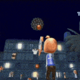 a cartoon character is playing basketball in front of a building