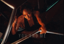 a picture of a woman in a car with the words you and me on it