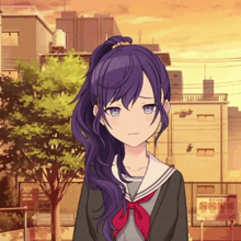 a girl with purple hair and blue eyes stands in front of a building