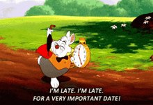 white rabbit from alice in wonderland holding a clock and saying " i 'm late i 'm late "