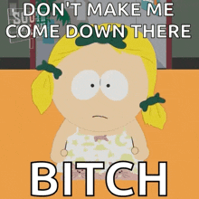 a picture of a girl from south park with the words " don t make me come down there bitch "