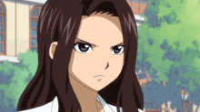 a cartoon girl with long brown hair and blue eyes looks angry