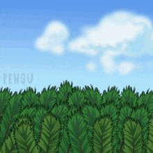 a drawing of a lush green field with pengu written on the bottom right